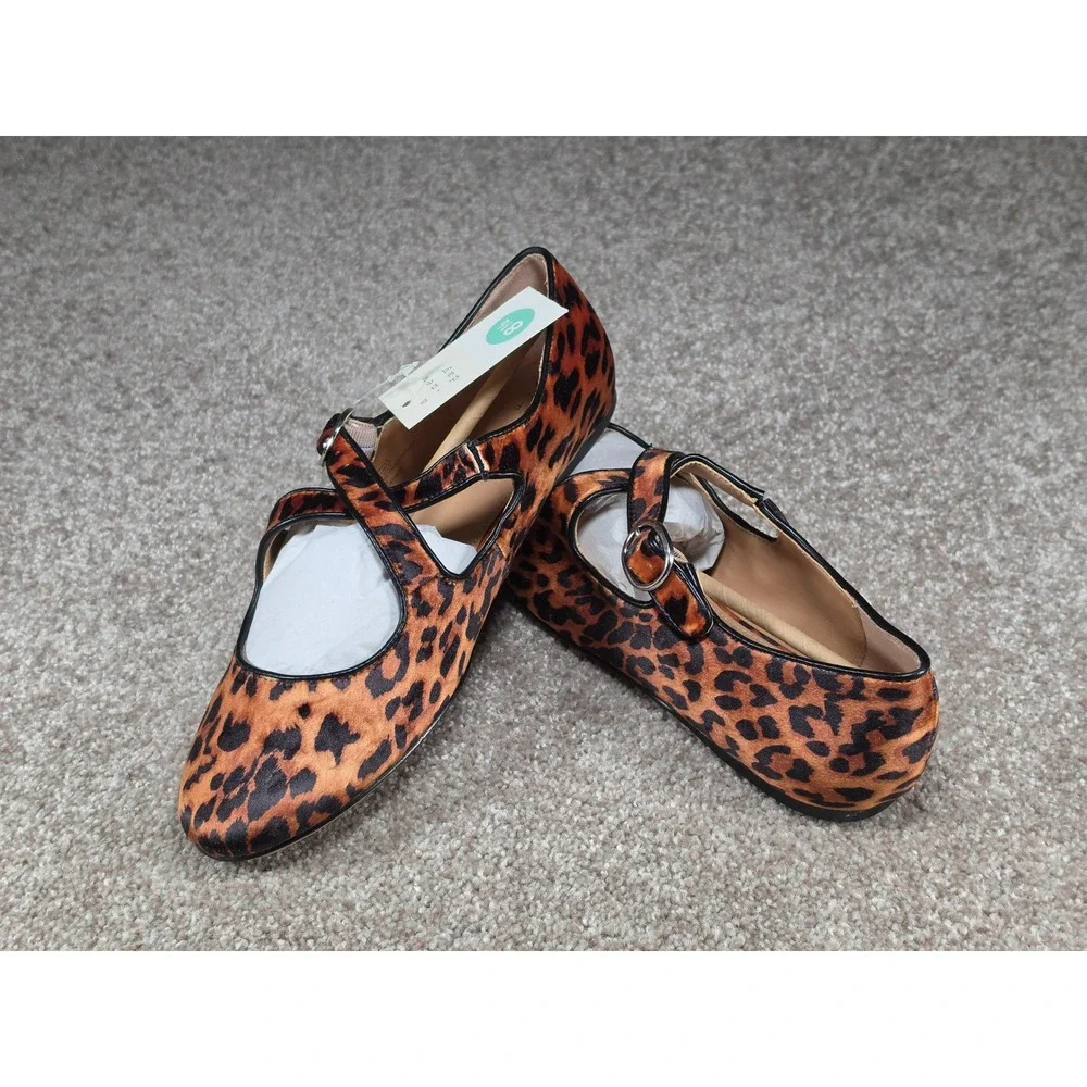 A New Day Tamsin Leopard Print Mary Jane Flats Brown Black 8.5 NEW